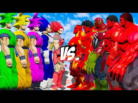 TEAM GOKU COLOR( 3 GOKU ,VEGETA , GOHAN ) VS TEAM RED HULK -  EPIC SUPERHEROES WAR