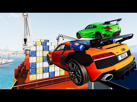 Super Cars VS Cargo Container Ship Jump Parkour Challenge Test   BeamNG Drive