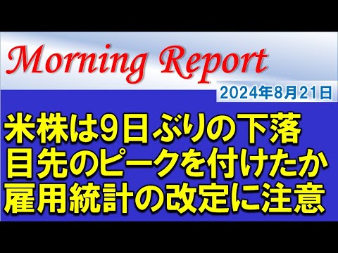 【モーニングレポート】米国株は9日ぶりに反落！調整基調に入るかを確認！米雇用統計の年次改定の内容に要注意！