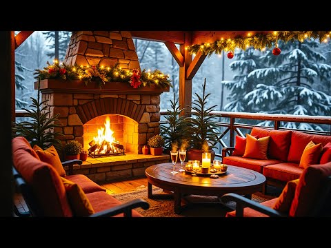 Peaceful Christmas Porch Ambience 🎄 Relaxing Christmas Jazz with Fireplace Sounds to Stress Relief