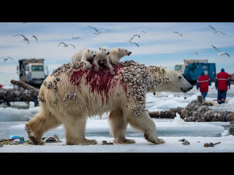 A bear family with millions of parasitic barnacles on its body called for help from cleaning workers