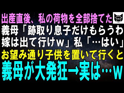 【スカッとする話】出産直後、私の荷物を全部捨てた義母「跡取り息子を産んだら嫁は用済み！孫だけもらうから嫁はさっさと出て行けｗ」お望み通り子供を置いていくと義母が大発狂→実は…ｗ【修羅場】