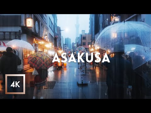 Rainy Evening Walk in Asakusa, Tokyo, Japan, Sensō-ji 4k ASMR