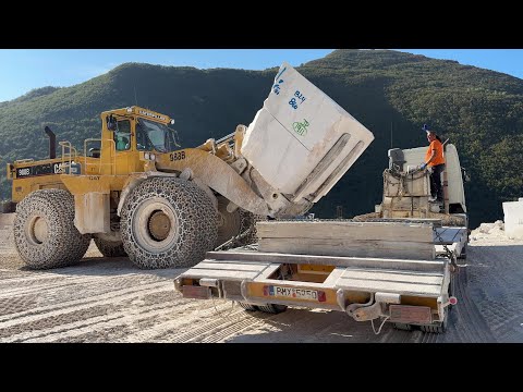 Caterpillar 988B Wheel Loader Loading Marble Blocks On Lorries & 4 Axle Trucks - Birros Marbles - 4K