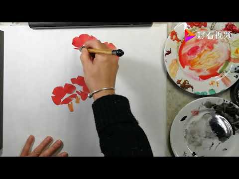 国画提高，一枝凌霄花画法國畫书画教学视频Chinese painting teaching