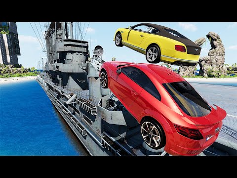 Cars Vs 100 Mega Container Jump Aircraft WarShip Parkour - Speed Car Crash - BeamNG Drive