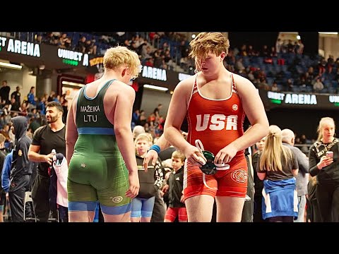 U15 August Moser (USA) vs Liudvikas Mazeika (LTU) 110kg. Freestyle boys wrestling. B-cam-man