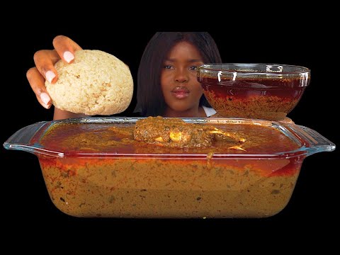 ASMR FUFU & PALMNUT SOUP MUKBANG |tiger prawn banga soup| No Talking) Soft messy Eating Sounds