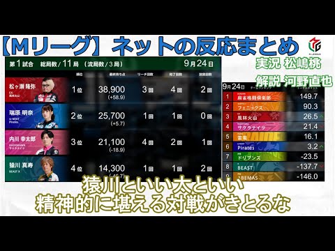 【Mリーグ】2024/09/24 ネット上のみんなの反応まとめ 麻雀 感想