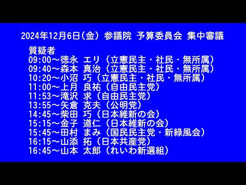 【 国会中継録画】参議院 予算委員会 集中審議（2024/11/06）