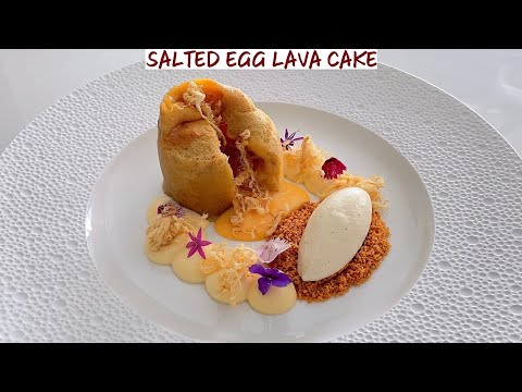 Salted Egg Lava Cake with Vanilla Ice Cream, Pork Floss & Cheese Custard - Fine Dining Dessert