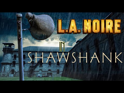 L.A. Noire music playing in Shawshank prison yard, oldies playing on a megaphone and it's raining