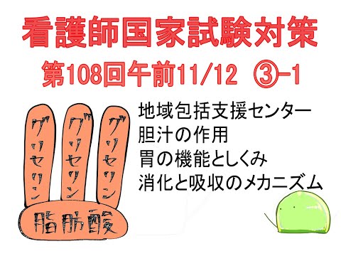 【看護師国家試験対策】第108回午前11/12　③ー1　地域包括支援センター／消化と吸収のメカニズムの解説「根拠も楽しくわかる！もちぽん先生の通学塾」