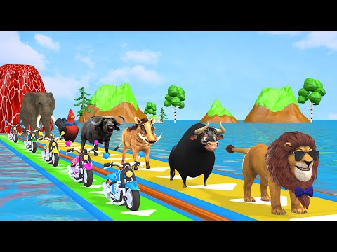 Paint & Animals Cow,Gorilla,Elephant,Lion,Tiger,Dinosaur, Fountain Crossing Transformation Cartoon