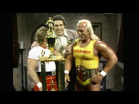 Jack Tunney presents Hogan with trophy... (WWF 1987)