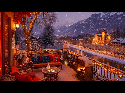 Cozy Balcony Coffee Ambience - Sweet Piano Jazz in The Romantic Winter Town for Study, Work & Relax