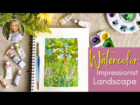 Impressionist Watercolor Landscape Painting with Wildflowers