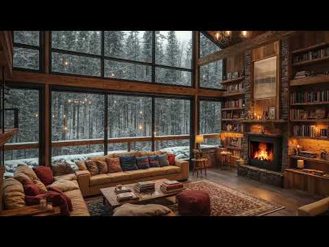 Cozy Winter Cabin Ambience - Studying, Working with Soft Jazz Music 🔥 Snowfalling, Fireplace Sounds