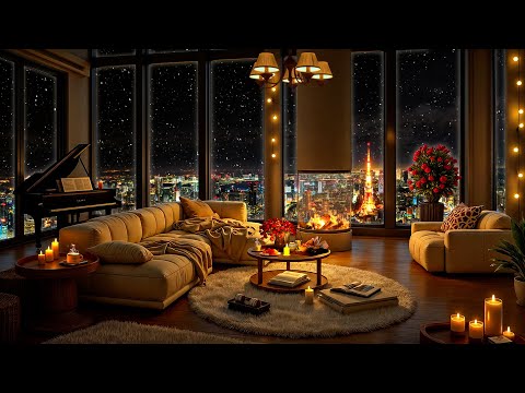 Tokyo Night Jazz ❄ Cozy Apartment with Elegant Jazz Saxophone Music & Fireplace Sounds for Sleeping