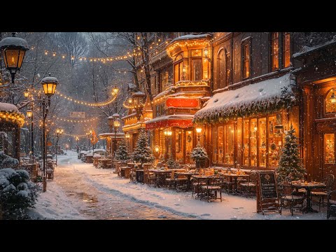 Relaxing Christmas Jazz Instrumental Music for Study,Work 🎄 4K Snowfall Outdoor Coffee Shop Ambience