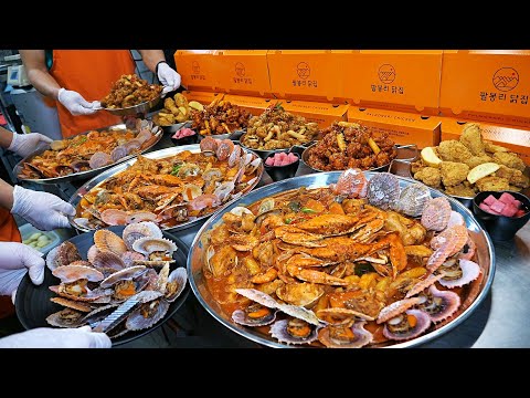 A huge tray full of seafood!! Giant Tray Seafood Scallop Chicken , jjimdak / korean street food