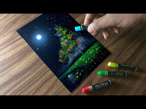 Very Easy Oil Pastel Drawing /Moonlight Scenery For Beginners