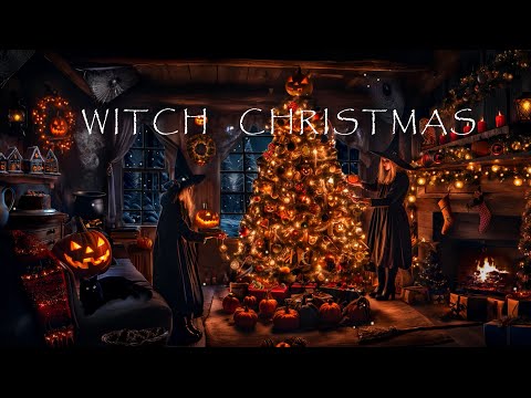 ENCHANTING WITCH CHRISTMAS CABIN-PUMPKIN CHRISTMAS TREE-COZY FIREPLACE-FALLING SNOW-WINTER ASMR