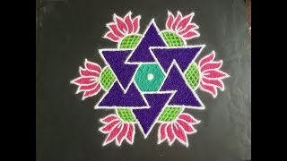 Simple Rangoli Design with Colours and Dots 9x5 | Lotus Flower Kolam | Daily Rangoli