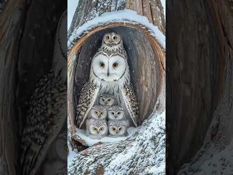 "Owl and Owlets in a Winter Wonderland"