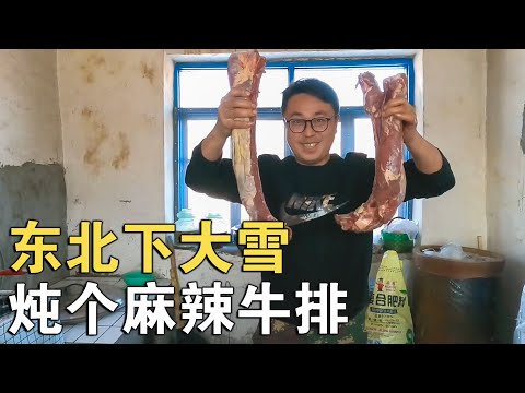 东北林区冬季生活，清完积雪做顿麻辣牛排，再喝点东北小烧暖暖身【环华行913】